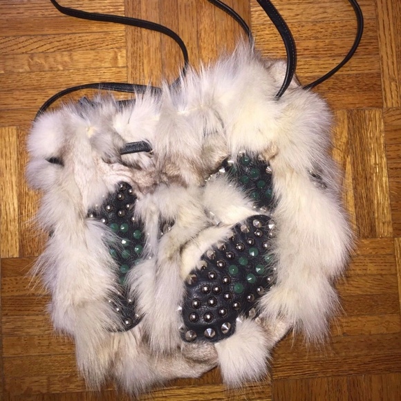 FUR AND LEATHER STUDDED PURSE BAG